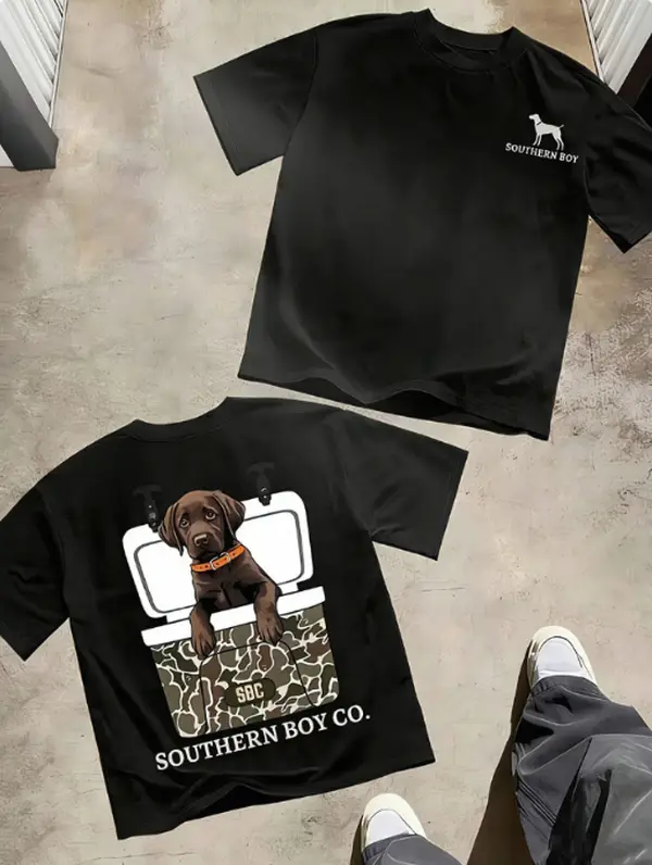 Two Sided Southern Boy Lab Dog Camo Cooler Tshirt Summer Cool 100% Cotton Country Hunting Daily Outfit Black Casual Crewneck Soft