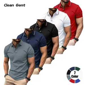 Clean Gent Summer 5-Pack Men’s Polo Shirts, striped button collar design, stylish casual business athletic everyday tops, multicolor set, gift for husband/dad
