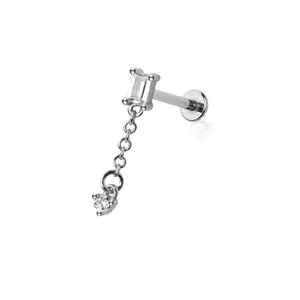 Threadless Push In Baguette Shaped CZ Crystal with Dangling Gem Flat Back Stud - 316L Stainless Steel