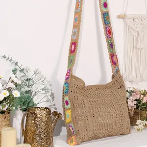 Women's Boho Embroidery Crossbody Bag Hollow Out Crochet Knit Shoulder Bag Tote Handbag,Crochet Beach Tote Bag Summer Vacation Hobo Tote Knit Bags for Women Mesh Woven Travel Crochet Purse Aesthetic Bag