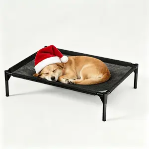 Elevated dog bed, raised outdoor camping dog bed for large dogs, no tools required for installation, washable breathable mesh fabric, non-slip foot pads, black. teslin