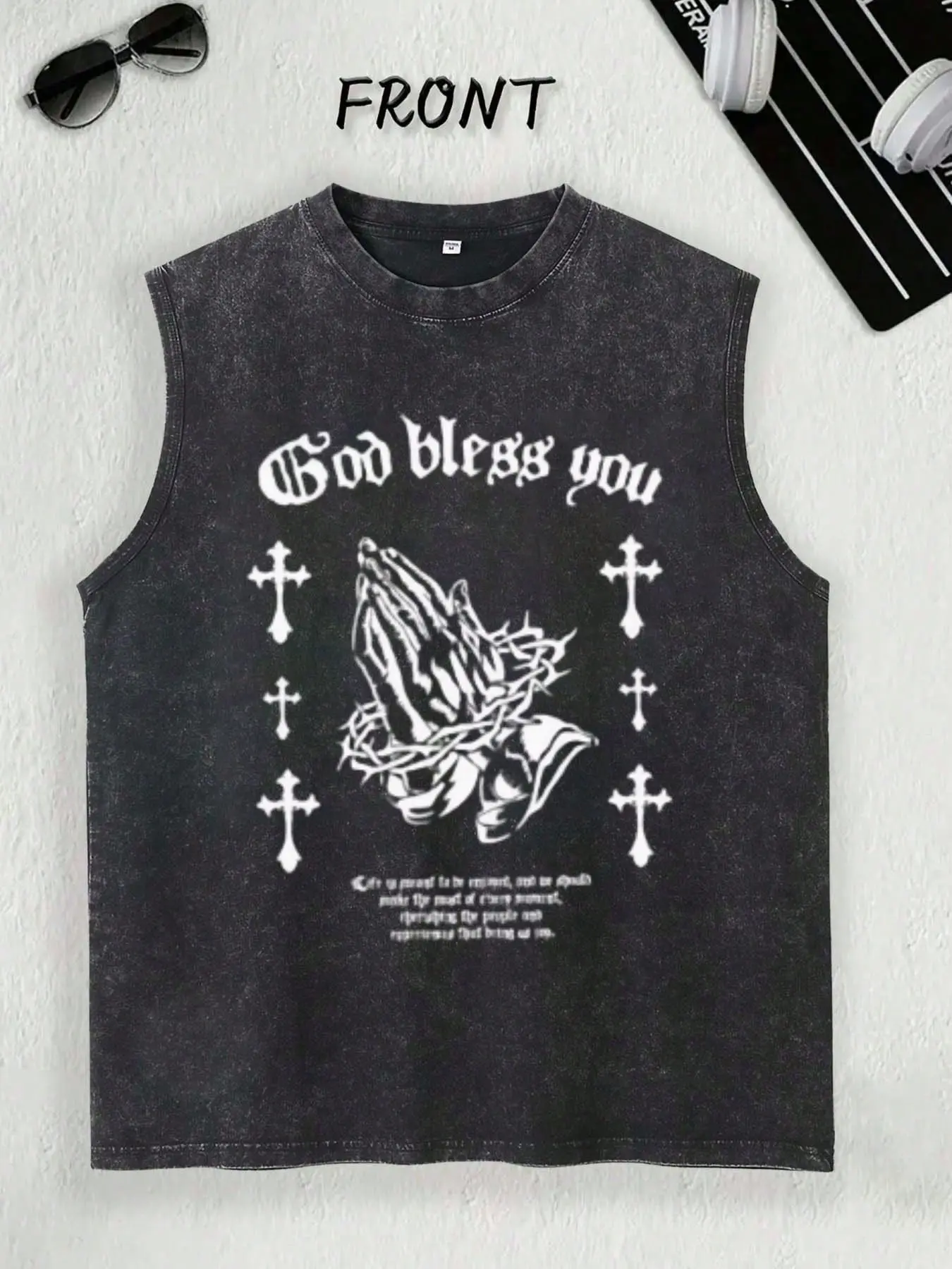 Men's Vintage Cotton Breathable Round Neck Soft Washed Ribbed Sleeveless Tank Top - God Bless You Prayer Hands, Cross, Crown Of Thorns Prints, American Streetwear-Skateboard Style Layer for Summer Casual, Outdoor Activities