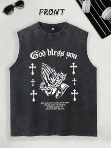 Men's Christian Washed Ribbed Sleeveless Tank Top - God Bless You Prayer Hands, Cross, Crown Of Thorns Prints, American Streetwear-Skateboard Style, Menswear Sports Clothes Layer for Summer Casual, Outdoor Activities
