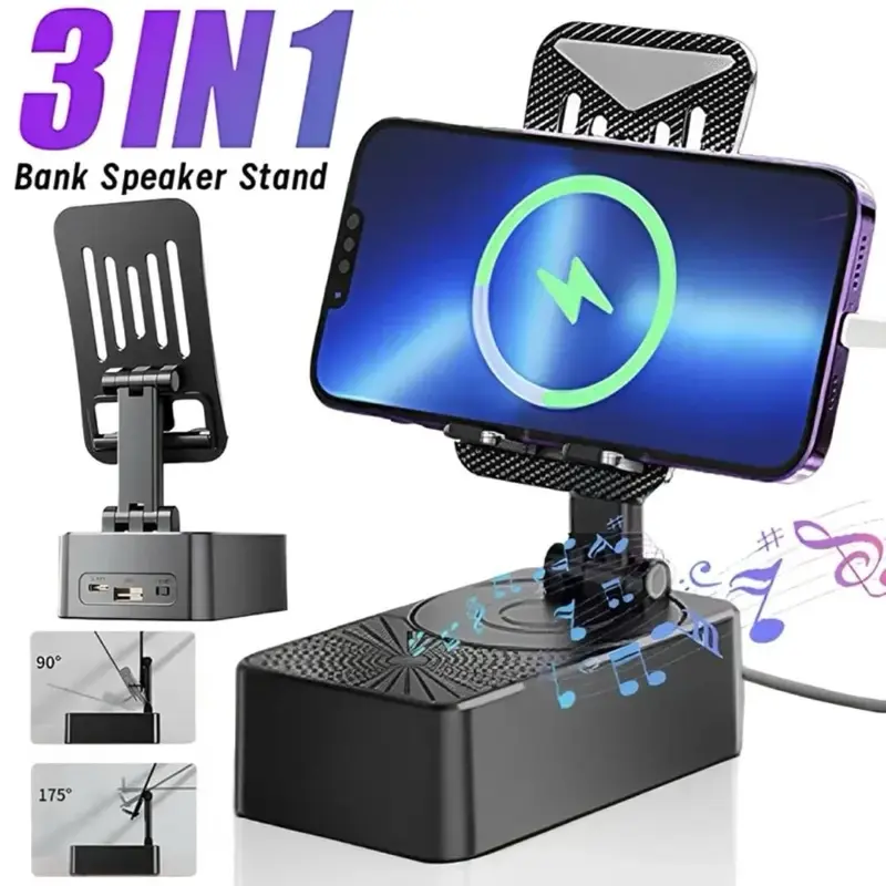 3-in-1 Wireless Speaker Cell Phone Stand with Bluetooth/induction Audio & Atmosphere Light/Power Bank, 5.3 HD Surround Subwoofer Sound,300° Rotable Adjustable Foldable Lift-Non-Slip Base, Fits All Phones,Tablets gift