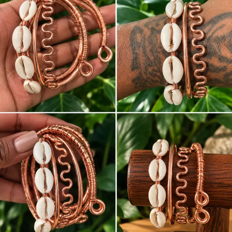 4 pure copper 8/10/12 gage bangle set cowrie shell