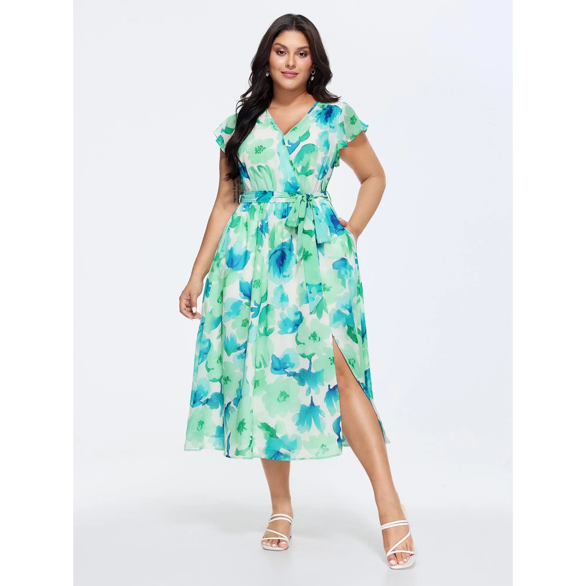 BloomChic Women's Plus Size Ditsy Floral Maxi Dress, Romantic Smocked Casual Garment with Pockets and Tie-Waist, Low Iron Fabric, Polyester, Women's Clothes, Cap Sleeves, Maxi Dress For Women
