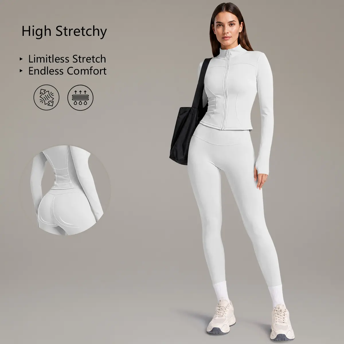 Women 2 Piece Yoga Outfit Set, Full Zip Stand Collar Long Sleeve Workout Jacket with Thumb Holes, High Waist Butt Lifting Yoga Leggings, Buttery Soft 4-Way Stretch Squat Proof Activewear Tracksuit for Gym Running Training