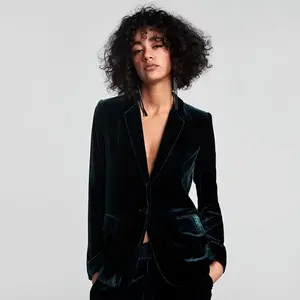 Spring Autumn Dark Green Velvet Commuter Blazer Single Button Fitted Long Sleeve Minimalist Suit Jacket for Women Basic Womenswear