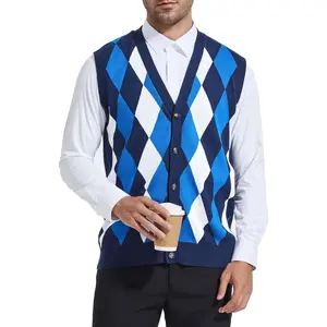 Mens Argyle V Neck Sleeveless Cardigan Sweater Vest Knitwear