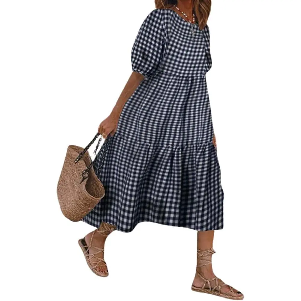 Chouyatou Women's Retro Gingham Plaid Dress - Casual Feminine Aesthetic Women's Clothes with Lantern Puff Sleeves, Tiered Swing Midi Length, Shortleeve Option