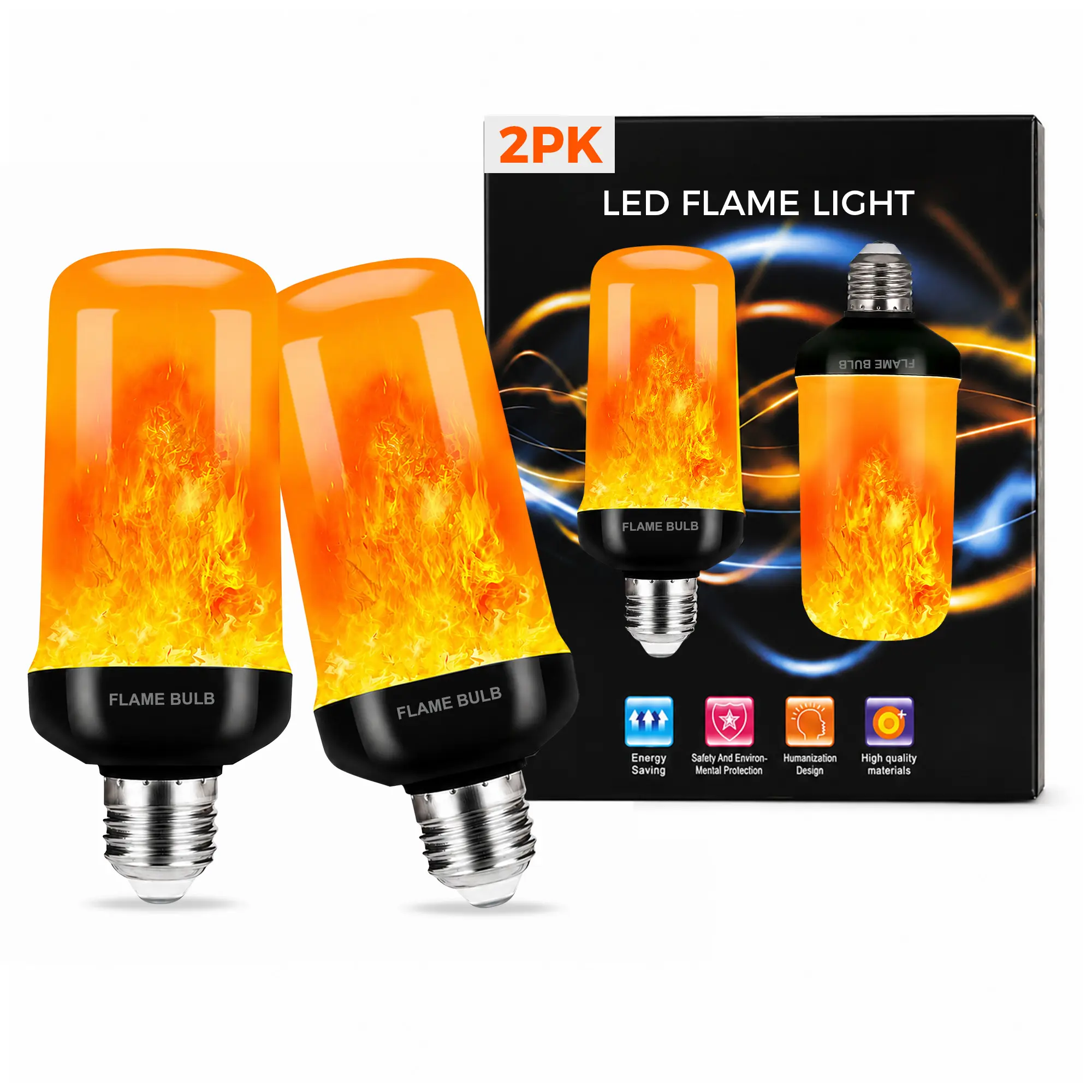 RELAMPBOL 2-pack 3W LED flame-effect bulbs – E26/E27 socket compatible, gravity sensor, 4 flashing modes, suitable for Halloween and indoor home decor, single pack, 3W power
