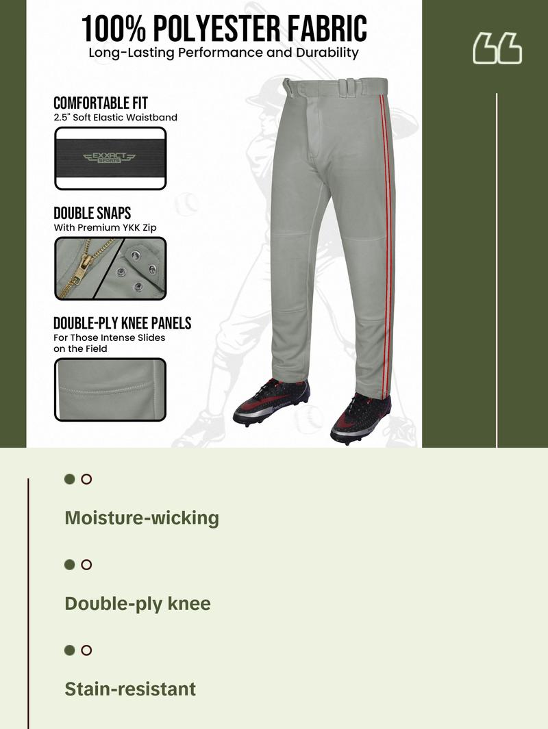 Exxact Sports Proline Full Length Baseball Pants Youth & Adult with Stripes, Relaxed Fit Open Bottom Men/Boys Baseball Pants (Grey/Red)