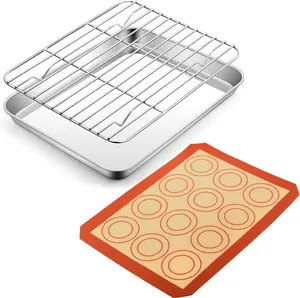 Mini Toaster Oven Pan with Rack & Mat Set, P&P CHEF 9 Inch Stainless Steel Small Toaster Oven Tray with Wire Rack & Silicone Mat for Small Oven & One Person Use, Easy to Clean & Sturdy, 3Pcs, Oblong Bakeware Birthday Baking Tray Thick