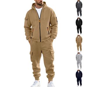 KZZ Menswear 2-Piece Plain Longsleeves Winter Fleece-Lined Hoodie & Drawstring Trouser Set, Warm Casual Activewear with Multi-Pocket Athletic Sport Bottoms