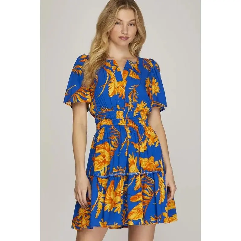 She + Sky Full Size Printed Notched Short Sleeve Frill Tiered Dress Plus Size