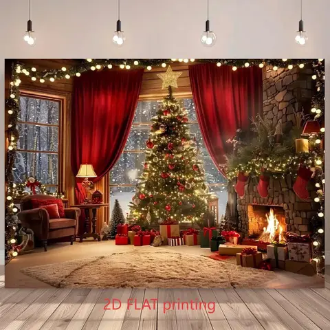 Cozy Winter Christmas Backdrop & Banner Set - 2D Flat Polyester Print with Tree, Gift Box, Fireplace - Holiday Party Home Decoration, Wall Decor, Portrait Photo Use