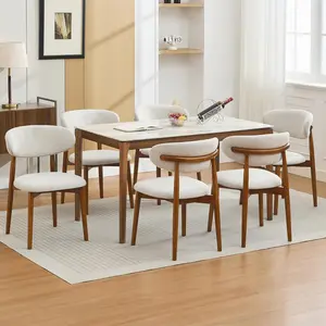 Wooden Dining Chairs Set of 6, Mid Century Modern Upholstered Dining Room Chairs, Farmhouse Kitchen Chairs with Padded Fabric Seat & Wood Legs, Comfortable Dining Side Chairs
