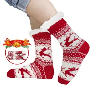 Festive Christmas Stocking Socks – Unisex Non-Slip Grip, Thickened Thermal Fleece Lining, Soft Skin-Friendly Elastic Slipper Socks for Home Holiday Parties