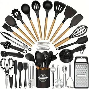 44PCS Silicone Kitchen Utensils Set – Non-Stick Cooking Tools with Wooden Handles, 446℉ Heat Resistant Spatulas for Nonstick Cookware – Complete Baking Kit with Holder
