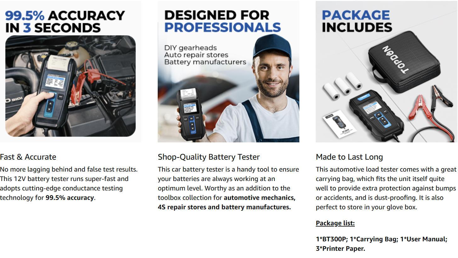 Car Battery Tester 12V 24V 100-2000CCA Lead-Acid Battery, TOPDON BT300P Alternator Tester, Load Tester, with Built-in Printer, Spark Free Metal Clamps, Automatic Reverse Polarity Protection Car Battery Tester 12V 24V 100-2000CCA Lead-Acid Battery, TOPDON BT300P Alternator Tester, Load Tester, with Built-in Printer, Spark Free Metal Clamps, Automatic Reverse Polarity Protection