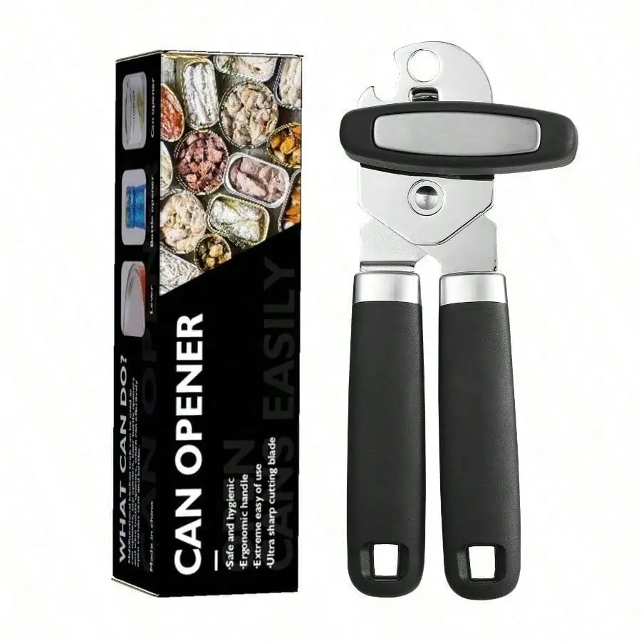 Professional Stainless Steel Manual Can Opener - Side-Cut Design, 1-Hand Op., Ergonomic Handle, Sharp Blade, Durable Kitchen Utensil, Fits All Can Sizes, Beer Opener, No Magnets, Essential for Home, Camping Tool, Stylish Metal Appearance