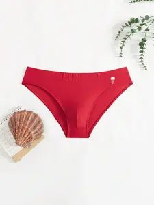 Swimmode Men's Red Coconut Tree Pattern Stretch Triangle Swim Trunks For Beach Vacation Men Swim