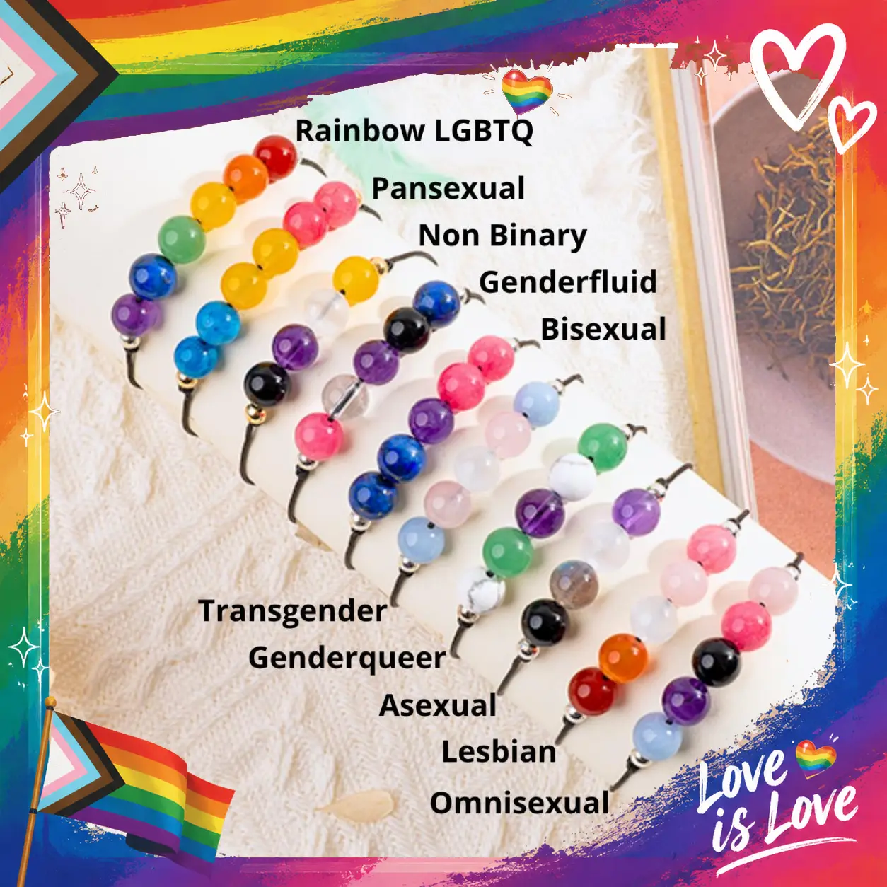 LGBTQ+ Pride Crystal Bracelet – Natural Rainbow Gemstones for Love & Self-Expression – Adjustable Unisex String Bracelet