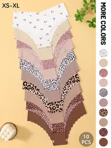 3/5/6/10/15 pcs Women's Seamless Shell-Shaped Slim Fit Fashion Breathable Underwear, Breathable Elastic Triangle Panties, Leopard & Solid Color, All Seasons Wear, Breathable Panty