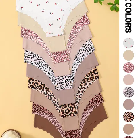 3/5/6/10/15 pcs Women's Seamless Shell-Shaped Slim Fit Underwear, Breathable Elastic Triangle Panties, Leopard & Solid Color, All Seasons Wear, Knitted Stretch Underwear, Seamless Shaping Panty