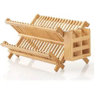 Dish rack bamboo folding 2tier collapsible drainer dish drying rack with utensils flatware holder set dish rack with utensil holder