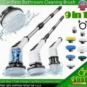 Electric Rotary Scrubber, Rechargeable Cleaning Brush with 9 Heads, Adjustable Handle, IPX7 Waterproof for Tubs & Floors