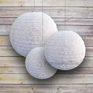6/8/10" White Eyelet Lace Look Round Paper Lanterns, Even Ribbing (3-Pack Cluster)