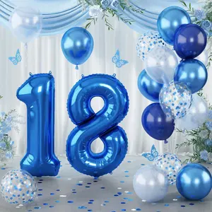 18 Balloons, 40 Inch Dark Blue Foil Number 18 Balloon Set, XXL Self Inflating 18 Helium Balloon with Metallic Blue Silver Confetti Balloon for Men 18th Birthday Anniversary Party Decorations