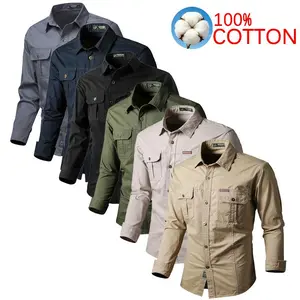 Men’s 100% Cotton Long-Sleeve Shirt — Men’s clothing, loose fit, outdoor, multiple pockets, stylish, suitable for everyday wear, button front, long sleeves, green.