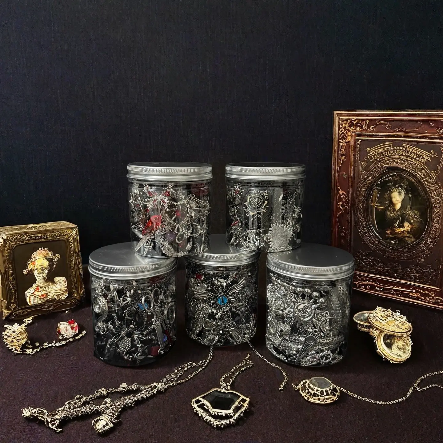 Women's GM Light Gothic Mystery Jewelry Jar Set - Costume Accessories Kit with Rings, Necklaces, Earrings, Animal Accents, Halloween Gift for Gothic Punk Aesthetic Cosplay, Womens Gifts