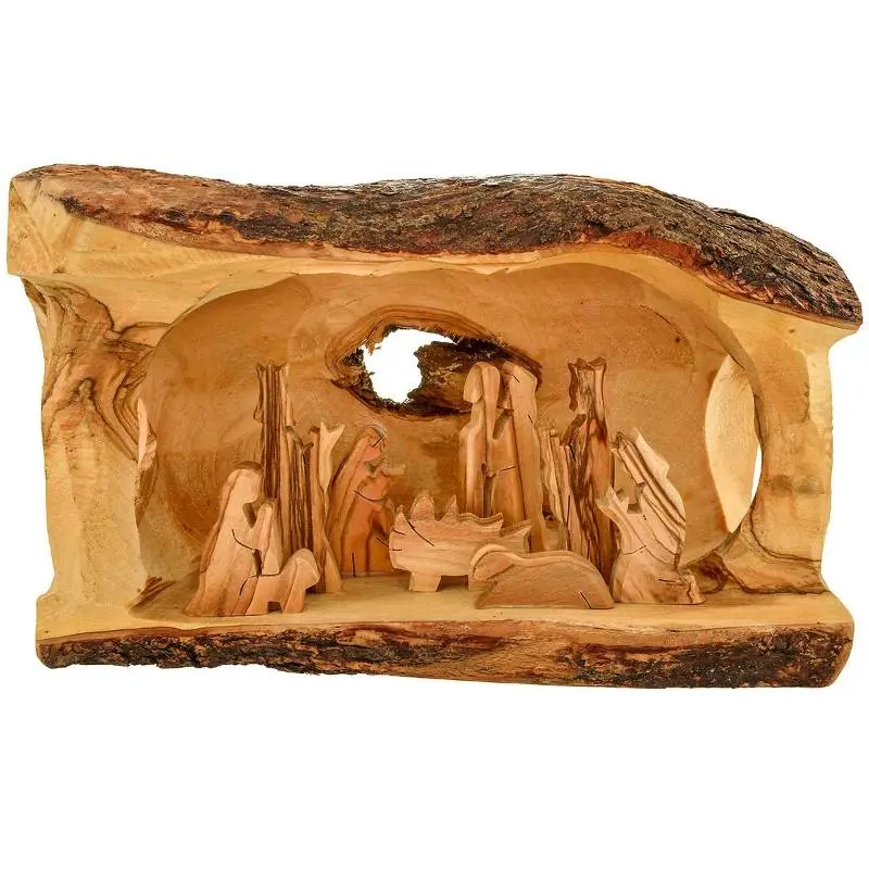 Large Holy Land Olive Wood Nativity - 5" H x 8½" W x 4¼" D Rustic Design with Magi & Shepherds for Display or Gift