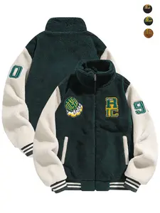 Men's Winter Thickened Polar Fleece Jacket, Retro Style Embroidered Sports Outerwear, Unisex Casual Warm Coat for Fall & Winter