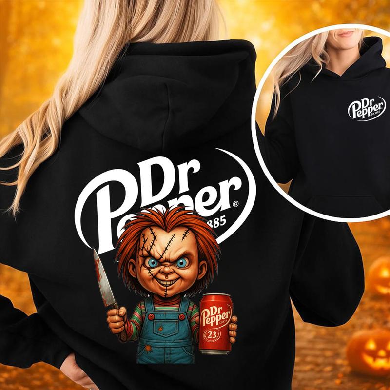 Spooky Dr Pepper Horror Halloween Double Sided Unisex Hoodie ,Dr Pepper Halloween Hoodie - Casual Top with Graphic Design, Available in Various Colors - Menswear, Tops Unisex Womenswear Cotton Fabric