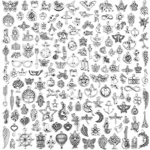 200 PCS Wholesale Bulk Lots Jewelry Making Charms Mixed Smooth Tibetan Silver Metal Charms Pendants DIY for Necklace Bracelet Jewelry Making and Crafting