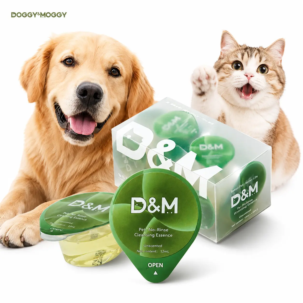 DOGGY & MOGGY Liquid No-Rinse Pet Cleansing Essence | 10pcs/box 12ml Jelly Cups, Natural Plant-Based Waterless Shampoo for Dogs & Cats, Tearless, Mess-Free Single-Use Grooming, No Residue, 24 Months Shelf Life