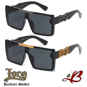 LOCS Armored Bulldog Hardcore Sunglasses - Big Cutout Logo Oversized Flat Top Shield Shades - Heavy Duty Metal Hardware - 100% UV400 Protection - Black & Gold / All Black Tactical Hip Hop Eyewear