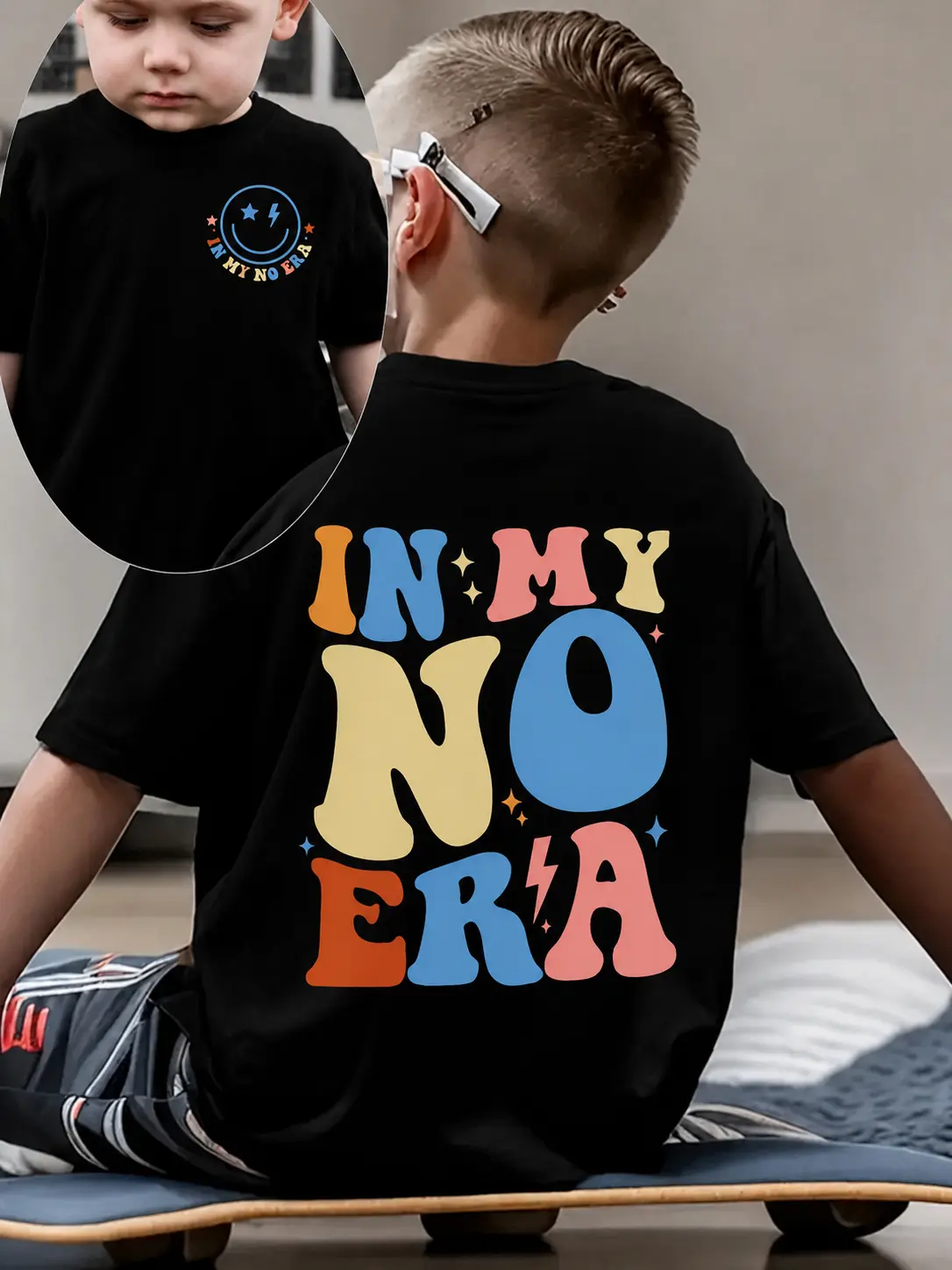 PUEMCO In My No Era Two Sided Retro Groovy Bubble Kids T-Shirt, Lightning Star Smiley Short Sleeve Cotton Black Toddler Boys Tee