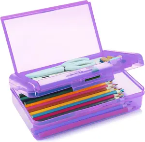 1 Pack Double Layer Hard Pencil Cases, Plastic Translucent Pencil Box with Snap-Tight Lid for Pens, Pencils, School, Stylish Office Supplies Storage Organizer Box, Medium-sized