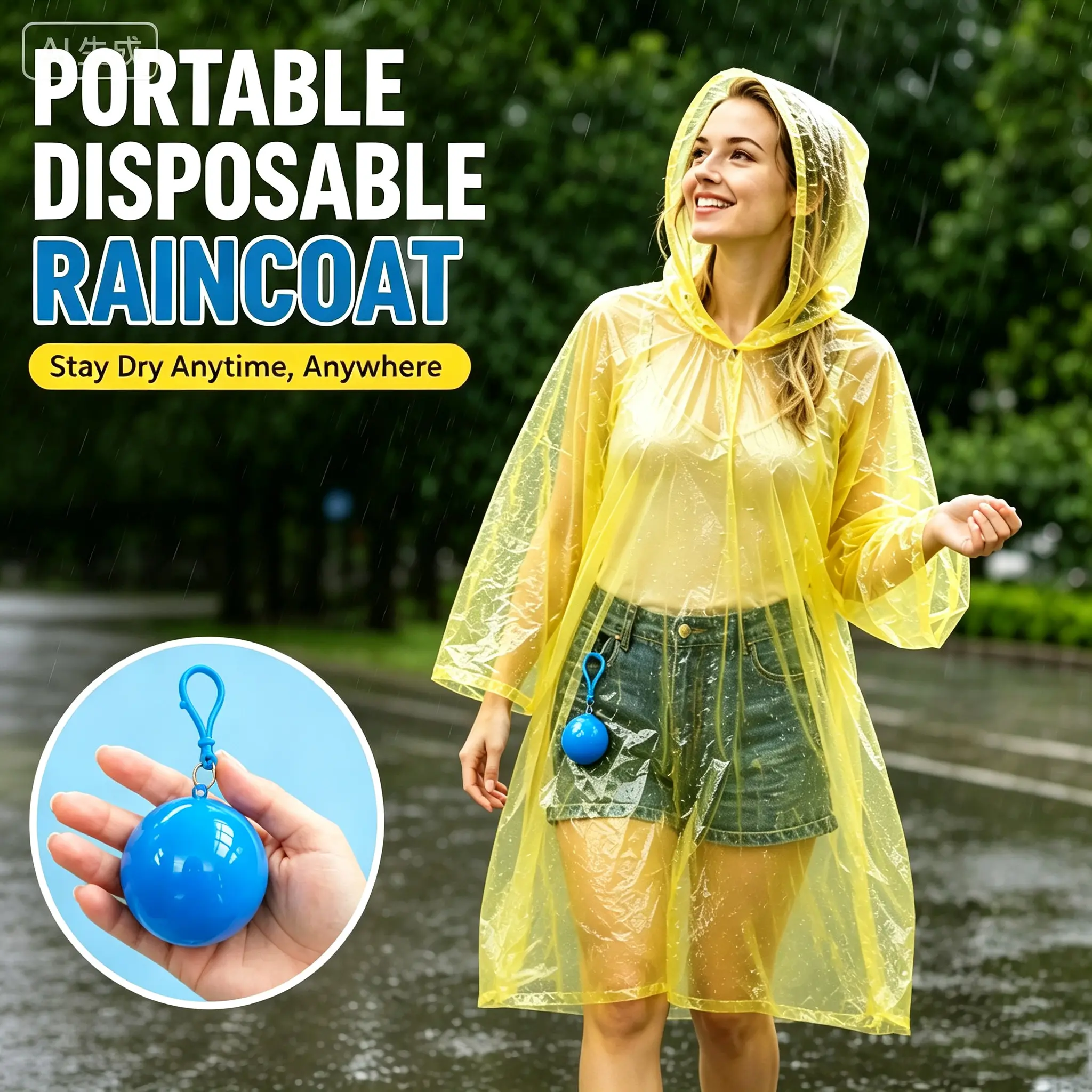 A single-piece, hooded, disposable rain poncho – a waterproof, tear-resistant and portable raincoat, complete with a key ring – ideal for sudden downpours whilst outdoors and for camping trips; an everyday essential
