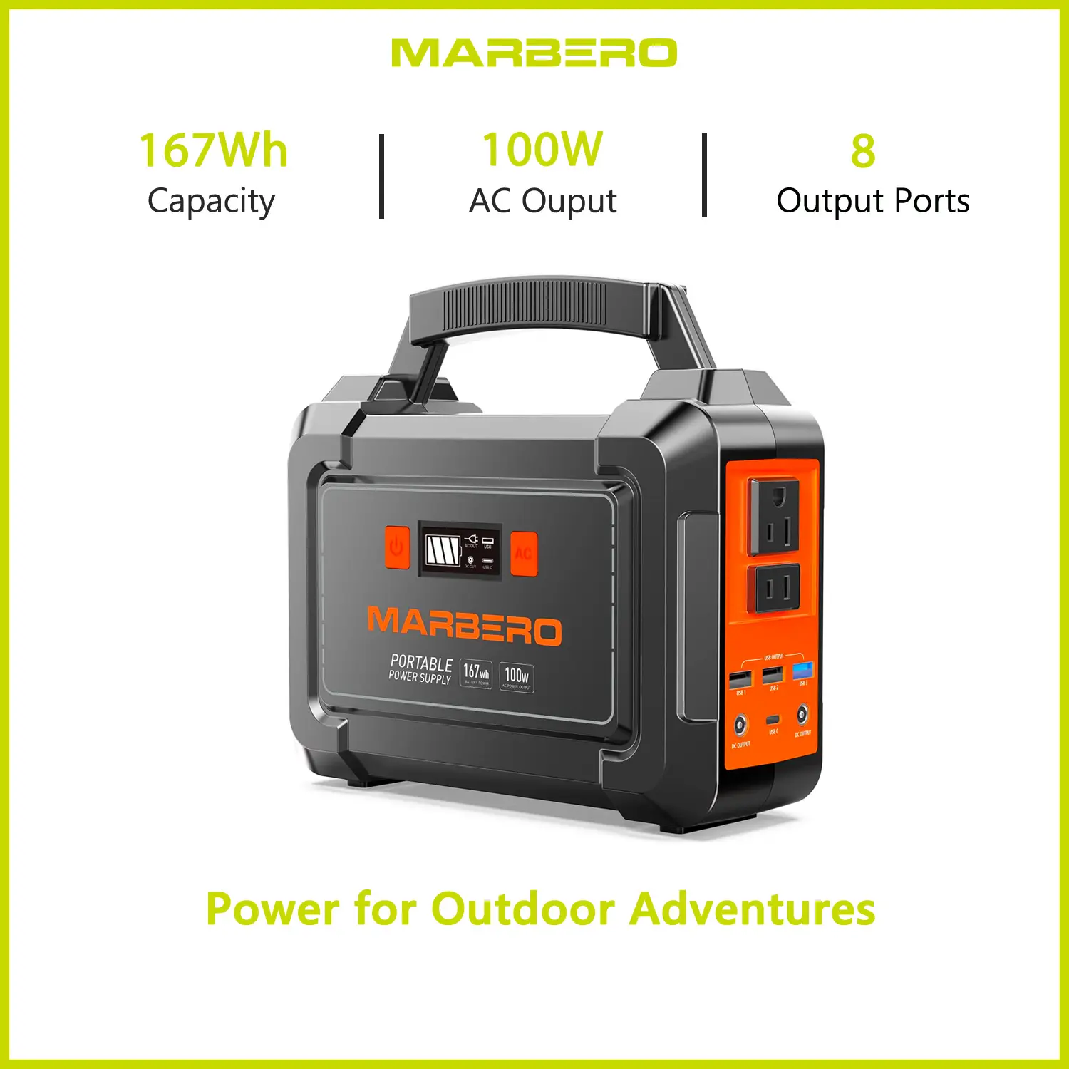 MARBERO 167Wh Portable Power Station with 2 x 100W AC Outlets (150W Surge)  8 Output Ports Built-in Flashlight for Home Camping Power Outages Emergency  - TikTok Shop