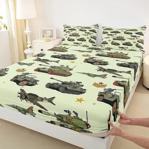 War Theme Kids Fitted Sheet,Army Green Aircraft Tanks Bedding Set,Retro Airplane Bed Cover with Soft Polyester Bedding,No Top Sheet