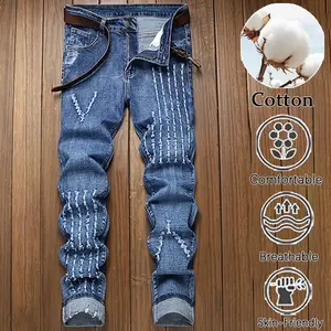 Men's Blue Distressed Jeans | Slim Fit Stretch Denim Pants | Vertical Ripped & Rolled Cuff Trousers for Streetwear & Biker Style