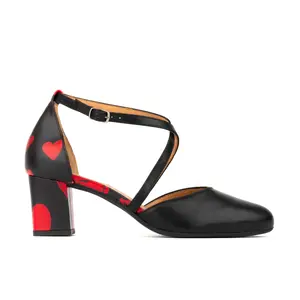 Dannii Lovehearts Black Pointed Toe Chunky Heel Strappy Slip On Summer Office Shoes with Red Heart Pattern