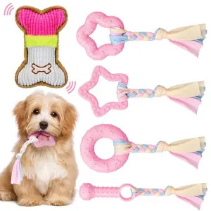 Armscye 5 Pack Puppy Chew Toys for Teething Small Dogs,Pink Rubber Puppy Teething Toys Plush Squeaky Dog Toys for Cleaning Teeth Interactive Pet Doggy Bone Toys ARMSCYE