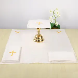 4 Pcs Altar Supplies Linen Corporal for Churches Set(Pall,Corporal,Purificator,Towel),White Linen Altar Cloth Gold Cross Embroidery,Mass Kit Catholic for Priest